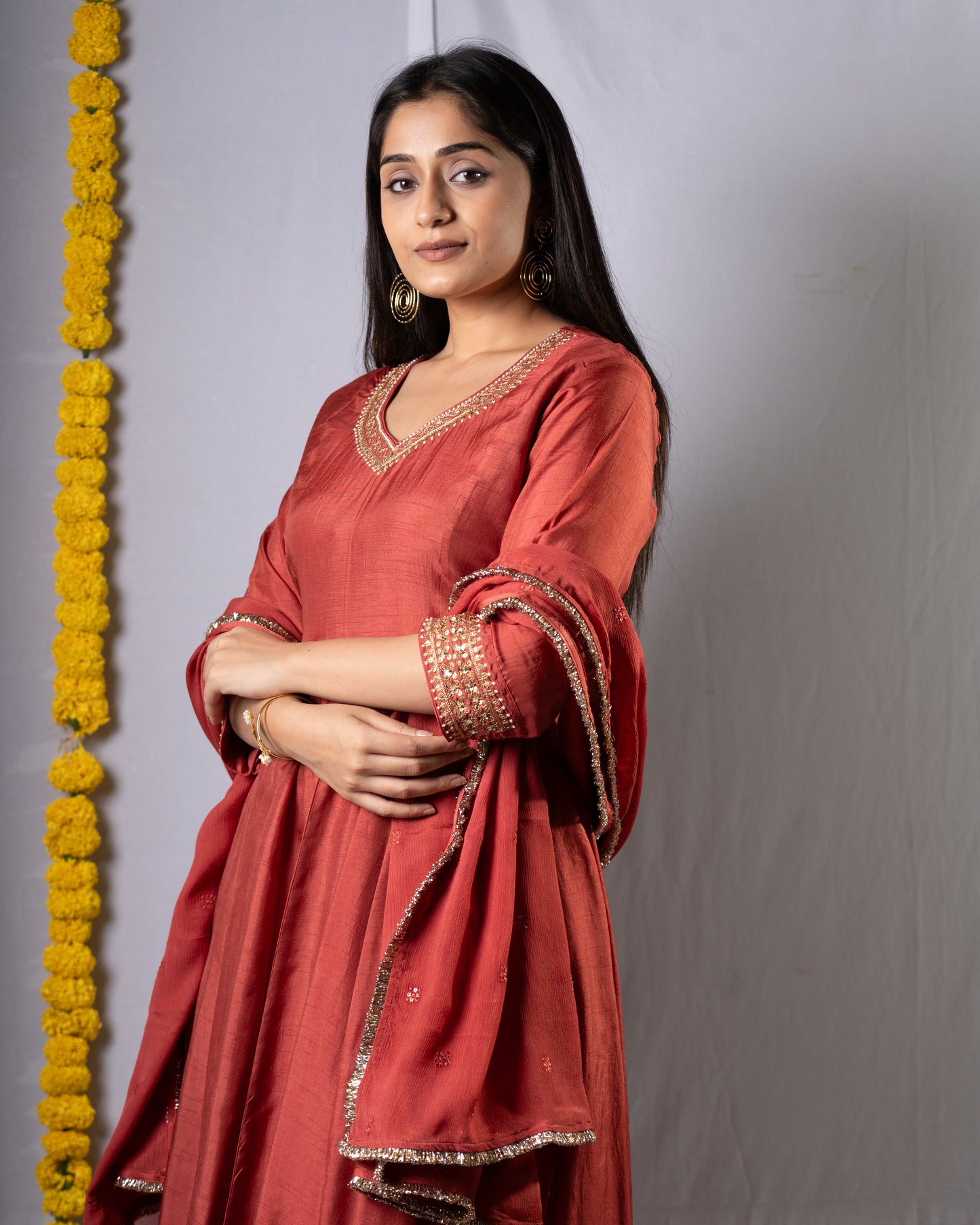 Rust Anarkali Set