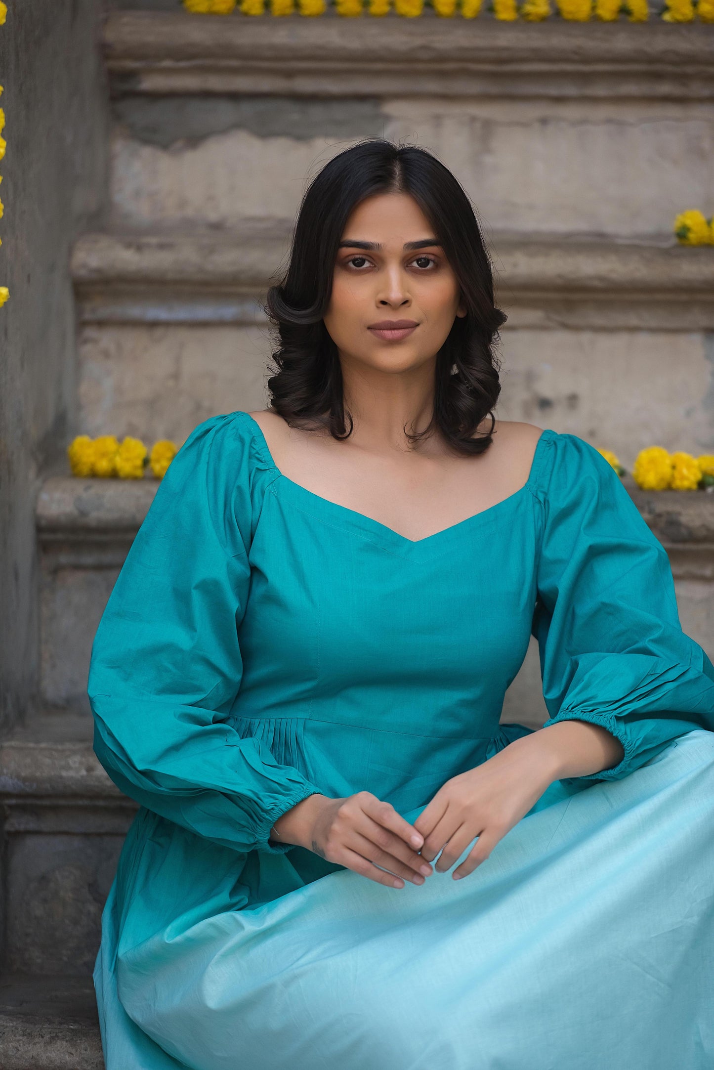 Statement sleeves ombre gown