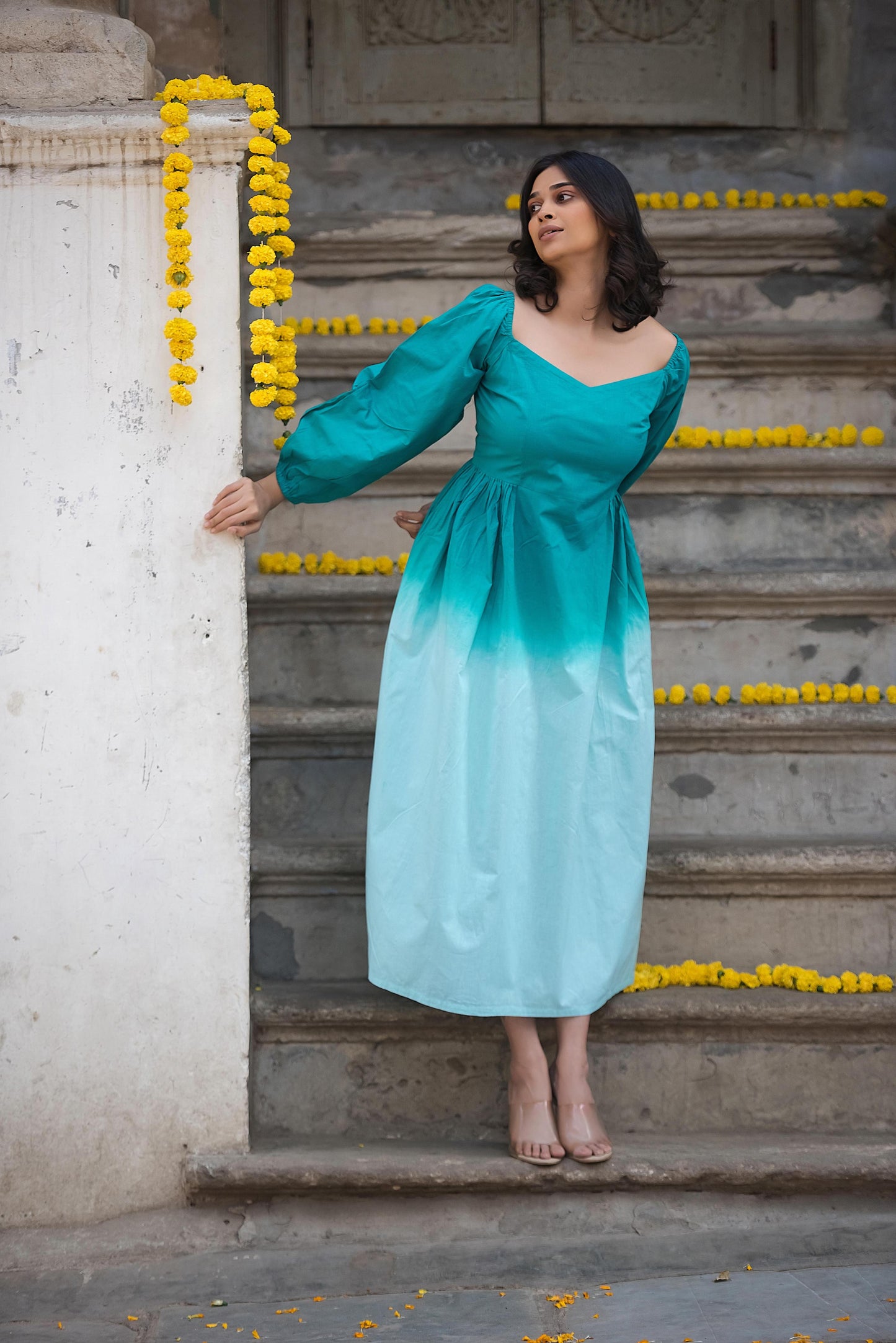 Statement sleeves ombre gown